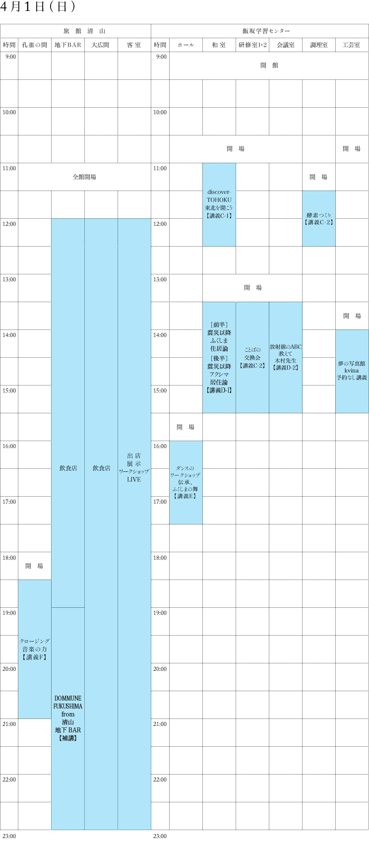 4月1日（日）TIMETABLE